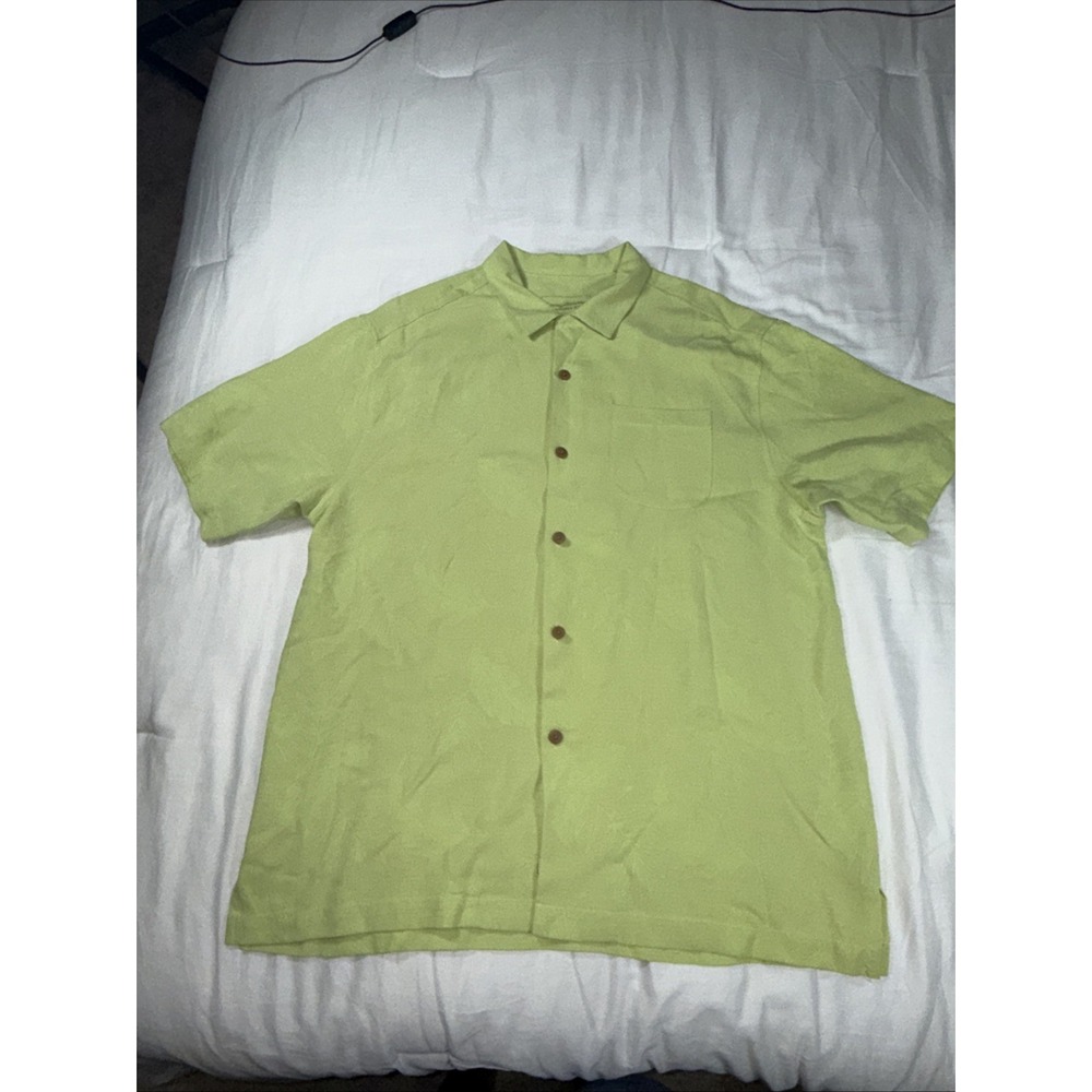 Tommy Bahama Mens Large Green 100% Silk Hawaiian Shirt‎ Embossed Palm Leaves